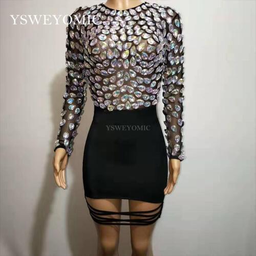 2019 Womens Birthday Celebrate Outfit Shiny Rhinestones Long Sleeves Crystal Dance Costume Short Dress For Sexy Gilrs