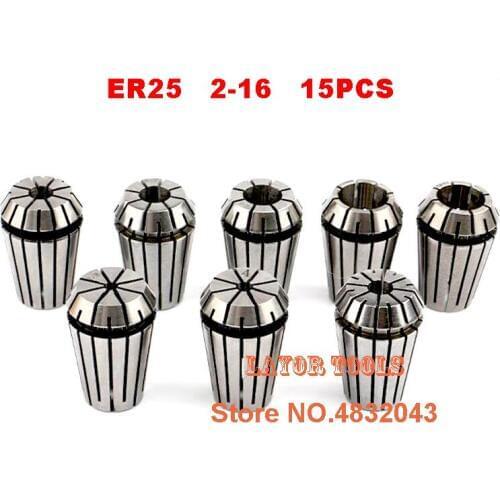 Free freight ER25 15PCs clamp set 2mm to 16 mm Range for milling CNC engraving machine tool motor axis