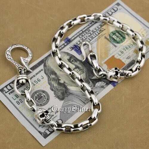 Shiny Punk Fashion Fish Hook Waist Pendant Solid 925 Sterling Silver Cool Mens Biker Ellipses Skulls Wallet Chain 9N014WC