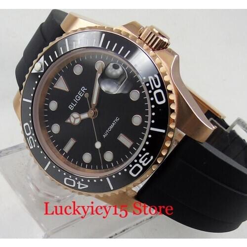 BLIGER Rose Gold Men Watch MIYOTA Movement Automatic Movement Rubber Band Screw Down Crown