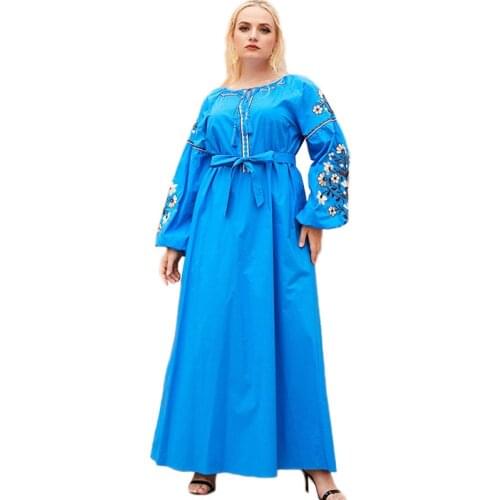 Dubai Muslim Women Embroidery Long Dress Abayas Arab Islamic Clothing Kaftan Ramadan Middle East Spring Long Sleeve O-neck Dress
