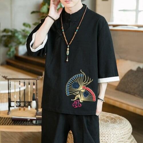 Chinese Style Embroidery Linen T Shirt For Men Clothing T-Shirts Japanese Streetwear Men T Shirt Harajuku 2021 Summer New 31166