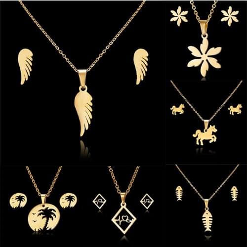 Rinhoo Fish Bone Wing Rose Flower Stainless Steel Sets For Women Dolphin Dragonfly Butterfly Leaf Necklace Earring Set Jewelry