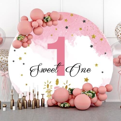 Laeacco 1st Birthday Party Round Background For Photography Sweet One Year Old Gold Stars Candle Circle Backdrop Photo Studio