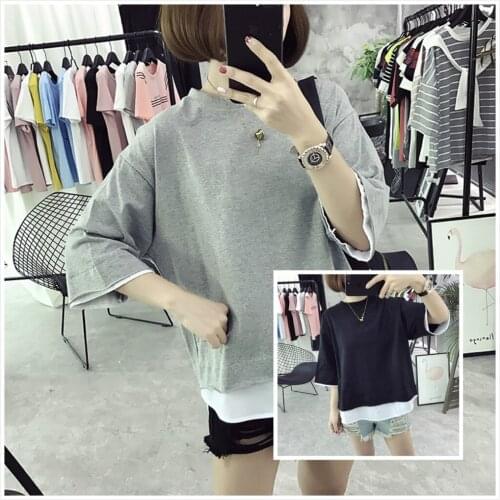 Summer New Fashion Loose Patchwork Fake Two Short-sleeved T-shirt Joker Student Half Sleeve Womens Tops