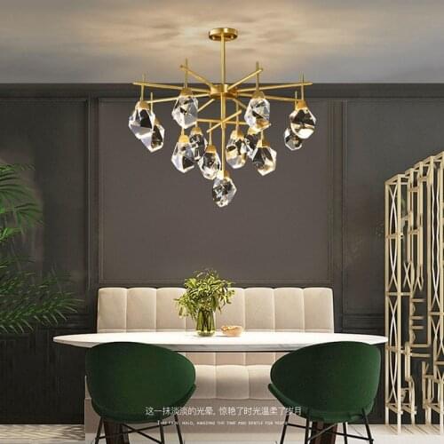 Nordic Postmodern Copper Light Luxury Crystal Chandelier Simple Living Room Bedroom Restaurant Villa Hotel Creative Hanging Lamp