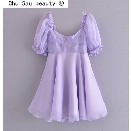 New Fashion Sweet Chic Purple Organza Mini Dress Women Summer Casual Style Puff Sleeve V-neck Dresses Female Vestidos De Moda