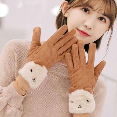 Fashion ladies gloves autumn and winter cute furry suede warm gloves full finger gloves ladies outdoor sports women glove screen