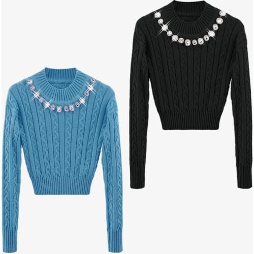 Fashion Women Ladies Luxury Top Striped Bright Diamond Beaded O-Neck Sweater Slim Pullover Ladies Blue Black Jumper Clothes