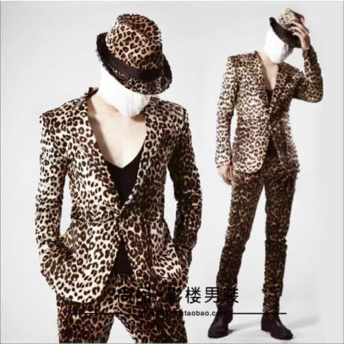 S-3xl 2017 New Nightclub Bar Suit Mens Leopard Print Slim Suits Fashion Dj Blazer Singer Stage Costumes Formal Dress Suit+pant