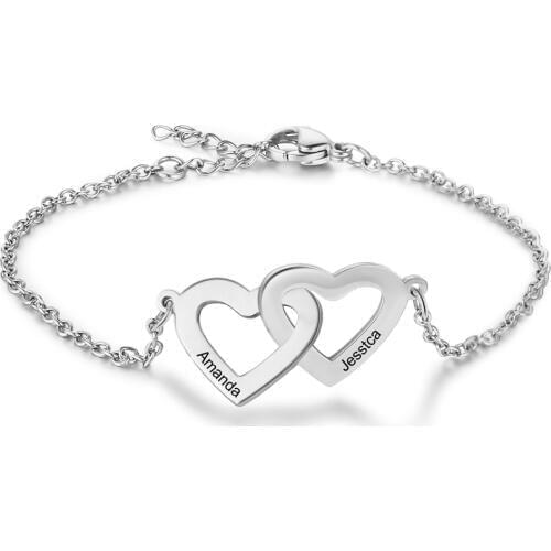 Personalized Bracelets Fashion Stainless Steel Jewelry Heart Shape Custom 2 Names Charm Link Bracelets Promised Gift for Women