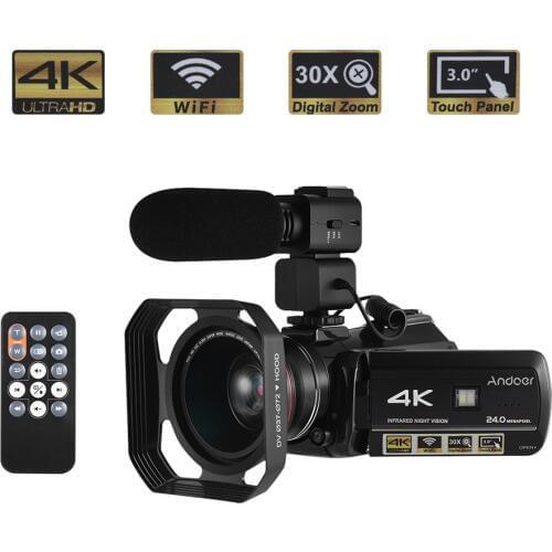 Andoer Professional Digital Video Camera 4K Profesional Camcorder w/ Extra 0.39X Wide Angle Lens +Lens Hood +External Microphone