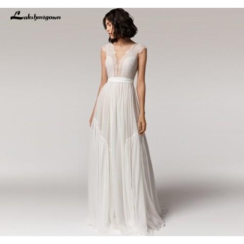 Deep V-neck Sexy Beach Wedding Dress Summer 2021 Vestito da Donna V Neck Sexy Bohemian Bridal Dress Backless