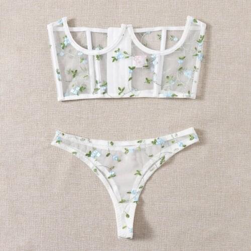 Temptation Transparent Lace Bra Seducive Lingerie Set Embroidery Sexy Push Up Underwire Open Cup Bra Underwear Panties Set