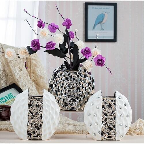 Modern simplicity Ceramic Vase Hand Inlaid Drill plating White/silver Arrangement Flower Art Vases wedding home decoration