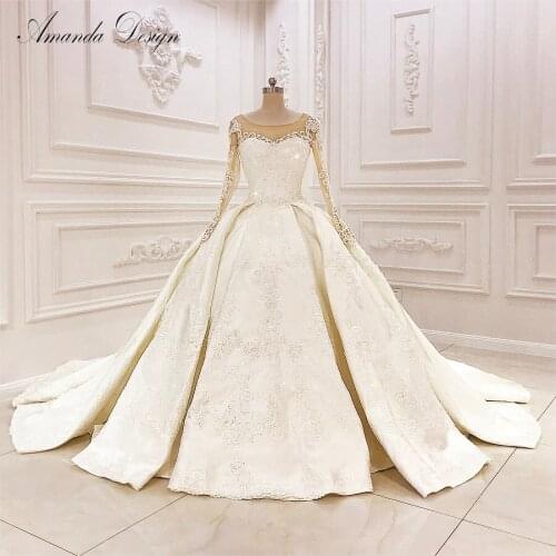 Vestido de noiva princesa Lace Applique Crystal Empire Long Train Wedding Dress