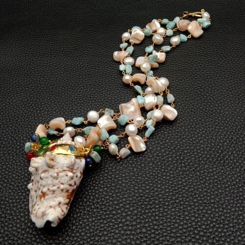 YYGEM natural Sea Shell Pendant 26" Natural Blue Larimar Sea Shell White Pearl Chain Statement Necklace