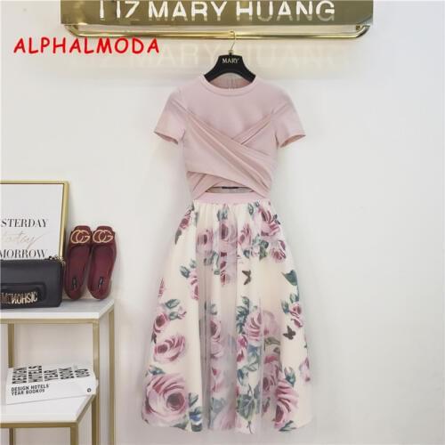 Summer 2019 new feminine bow-tie T-shirt jacket with flower pendulum mesh half-length skirt two-piece suit