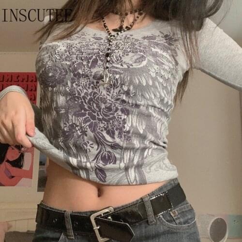 Inscutee Retro Y2K Grunge T-shirts Women 2021 Summer Y2k Fairycore Harajuku Graphic Print V-Neck Sexy Casual Cottagecore Tops