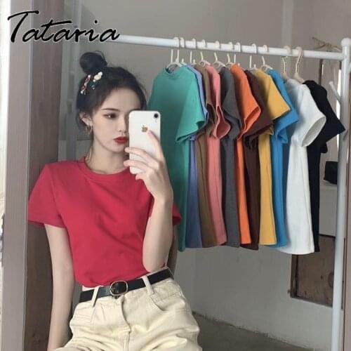 Summer Slim T-shirts With Short Sleeve Women Candy Colors Plus Size Causal Tops Lady Solid Pure Cotton Round-neck Shirt Female