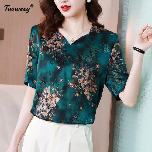 2021 Autumn/spring Fashion Women silk Blouses short Sleeve Ruffled Collar Casual Women Clothing floral v neck Women Tops