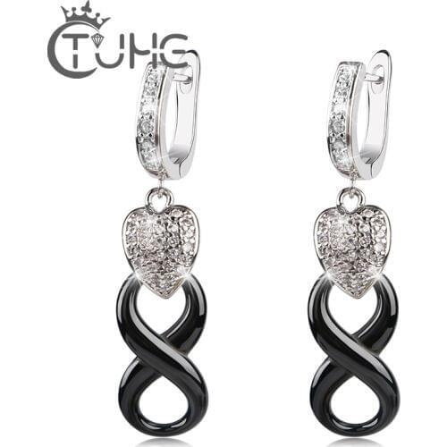 Fashion Infinity U Shape Stud Earrings With Lovely Bling Crystal Heart Good Quality Black Infinity Ceramic Earrings for Women