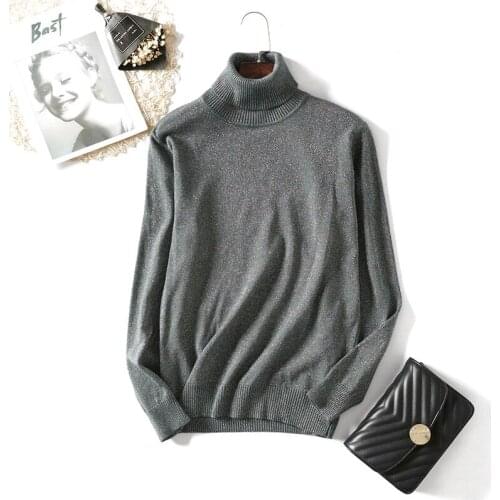 Womens High Neck Long Sleeve Thick Knitted Bright Thread Sweater Pullover Slim Fit Korean Bottomed Warm Sweater