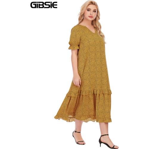 GIBSIE Notched Neck Casual Print Summer Long Dress Women Plus Size Short Sleeve Loose Dresses 4xl 5xl Vacation Swing Beach Dress