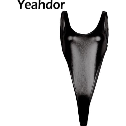 Women Sexy Bodysuit Nightwear Patent Leather High Cut Backless Thong Leotard Swimsuit Swimwear Beach Wear for Lingerie Night