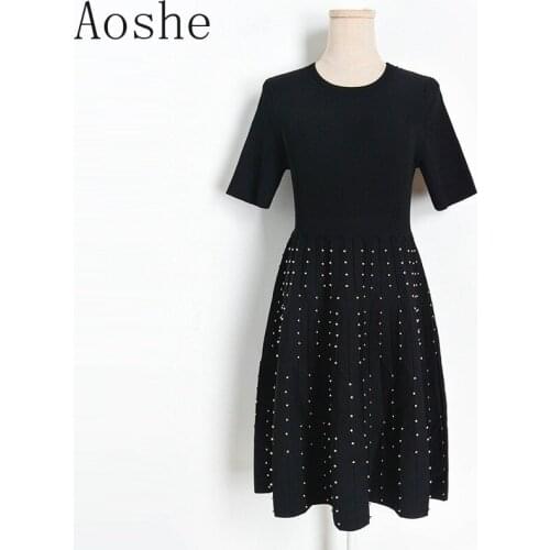 2020 New Women Sweater Dress Elegant Female O Neck Luxury Beaded Short Sleeve Knitted Dress Lady Tunic Dress Robe Femme