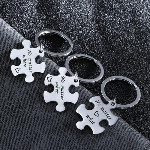3PCs "No Matter Where" Best Friends Keychain Friendship Keyring BFF Birthday Gifts Stainless Steel Puzzle Pieces Jewelry