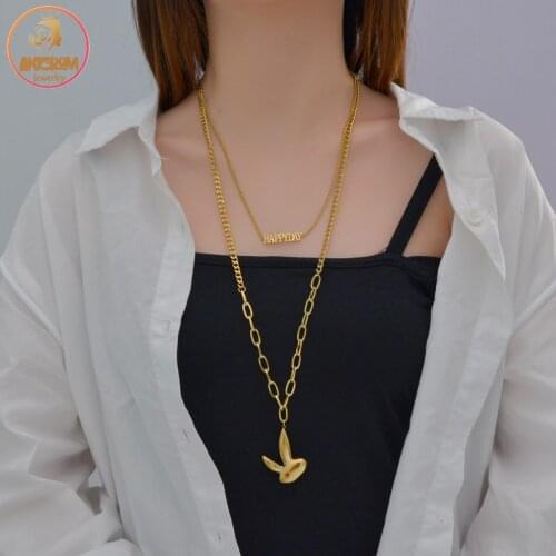 Akizoom Stainless Steel Rabbit Double Layer Necklace for Women HappyDay Lucky Pendant Elegant Jewelry Party Gift Freeshipping