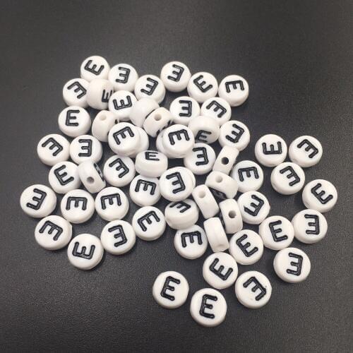 Free Shipping 100PCs 4*7MM Single Initial Letter E Acrylic Beads White with Black Printing Individual Alphabet Jewelry Beads