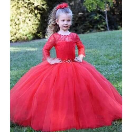 Ball Gown Flower Girl Dresses Sheer Jewel Neck Illusion Long Sleeves Red Lace Tulle Floor Length Girl Pageant Gowns with Crystal