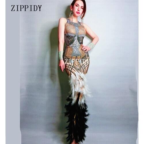Shining Sexy Design Black White Feather Dress Stage Wear Big Stretch One-piece Rhinestones Dress Evening Performance Long