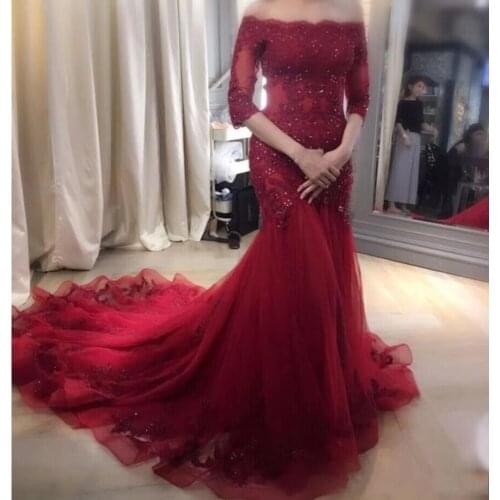 ANGELSBRIDEP Burgundy Long Evening Dresses Vestidos de festa Sexy Boat-Neck Half Sleeves Court Train Formal Prom Wedding Gowns