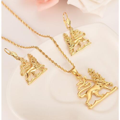Ethiopian lion King Jewelry Set Real Solid Gold GF Necklace/Earrings/pendant Habesha Africa Wedding bridal jewelry sets Gifts