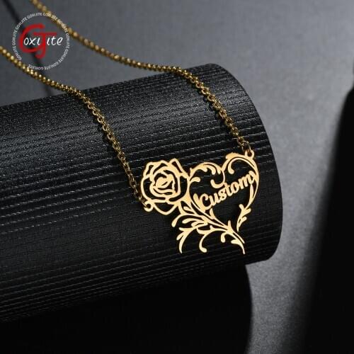 Goxijite Trendy Customized Name Rose Heart Necklace For Lover Personalized Name Love Flower Pendant Necklaces Gift