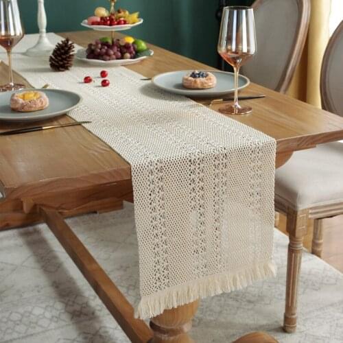 Cilected Cotton Woven Hollow Pattern Table Runner Lace Tassels Coffee Table Cover Cloth Tablecloth Home Decoration Bed Towel