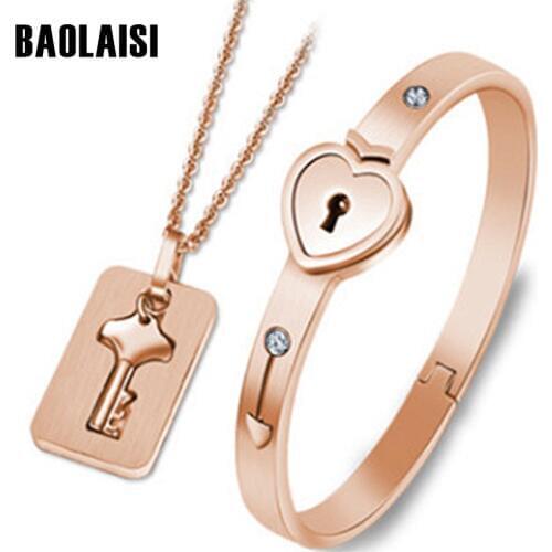 Rose Gold A Couple Jewelry Sets Stainless Steel Love Heart Lock Bracelets & Bangles Key Pendant Necklaces Lovers' Couples Set