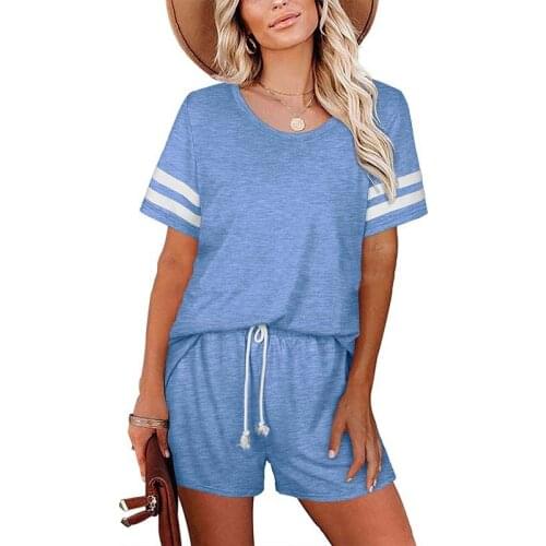 Summer Women Casual Two Piece Suits Solid Color Stripe O Neck Short Sleeve T Shirt Sexy Drawstring Shorts Ladies Suit