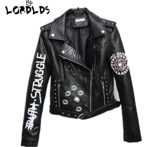 LORDXX Black Graffiti Leather Jacket Women 2019 New Spring Punk Moto Coat Cropped Faux Jackets with belt