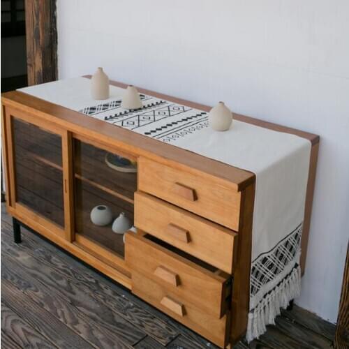 Morocco Table Runner Tablecloth Cover Fabric Nordic Geometric Black White Lines Tassels Modern Home Office Store Decorating