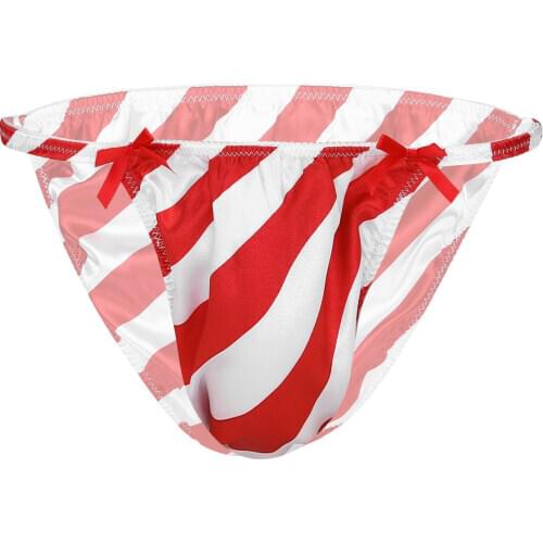 Fashionable Men Christmas Sissy Panties Low Rise Sting Bikini Breifs Shiny Satin Red&White Striped Bow Decoration Underwear