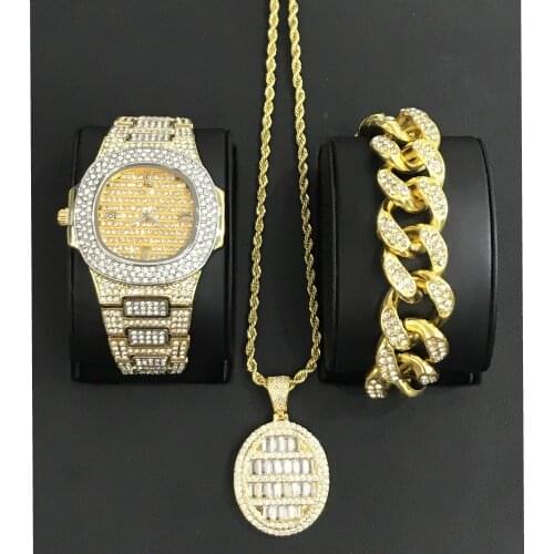 Luxury Men Gold Color Watch Men Watch & Bracelet & Necklace Combo Set Pendant Ice Out Cuban Bracelet Jewerly Hip Hop for men