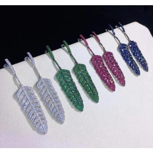 925 sterling silver with cubic zircon feather drop earring leaf white green red blue color fine women jewelry for party