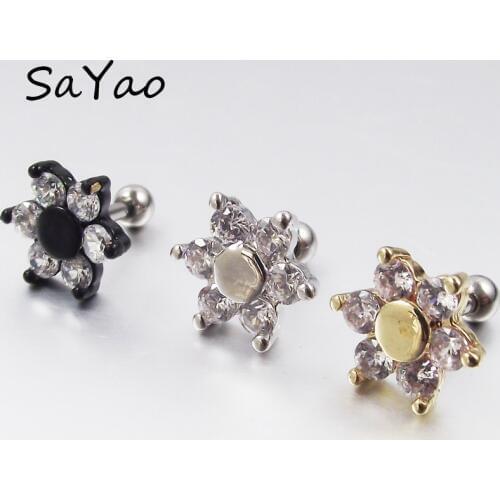 SaYao 1 piece 16G 1.2mm Earring Nail Bone Barbell Zircon Stone Flower Helix Tragus Ear Piercing Body Jewelry
