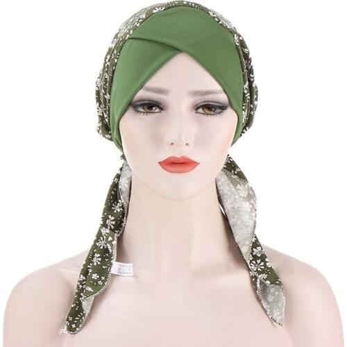 Stylish Multi-color Caps Muslim Curved Tail Baotou Caps Floral Cloth Caps For Women Two Tail Caps With Cross-curved Forehead