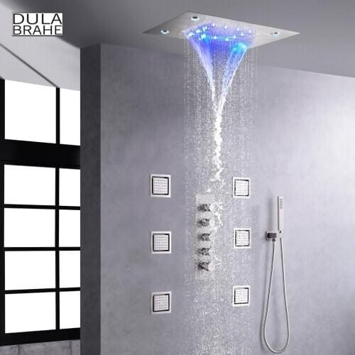 Thermostatic Brushed Shower System Thermostatic Bathroom Faucet Set 50X36 CM Ceil Mounted LED Waterfall And Rain Head