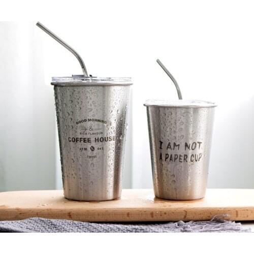 350/500ML Stainless Steel straw Cup Tea Mug With Lid Heat Resistant Portable Beer Cup With Spoon Straw milk carton